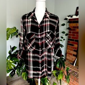 #8)  Sanctuary blue, maroon, white plaid flannel with snap button size medium
